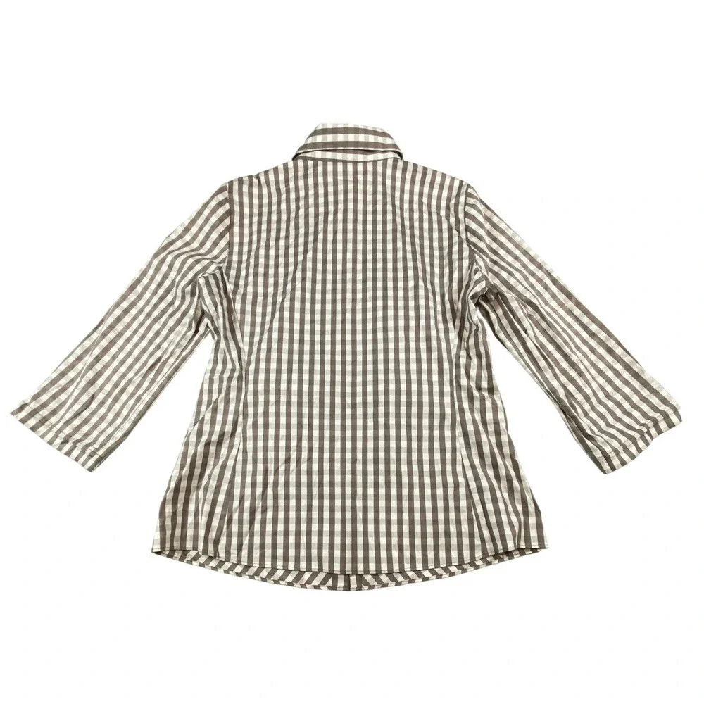 Lafayette 148 New York Taupe Gingham Check Hidden Button Down Shirt Size 10 - Picture 4 of 9